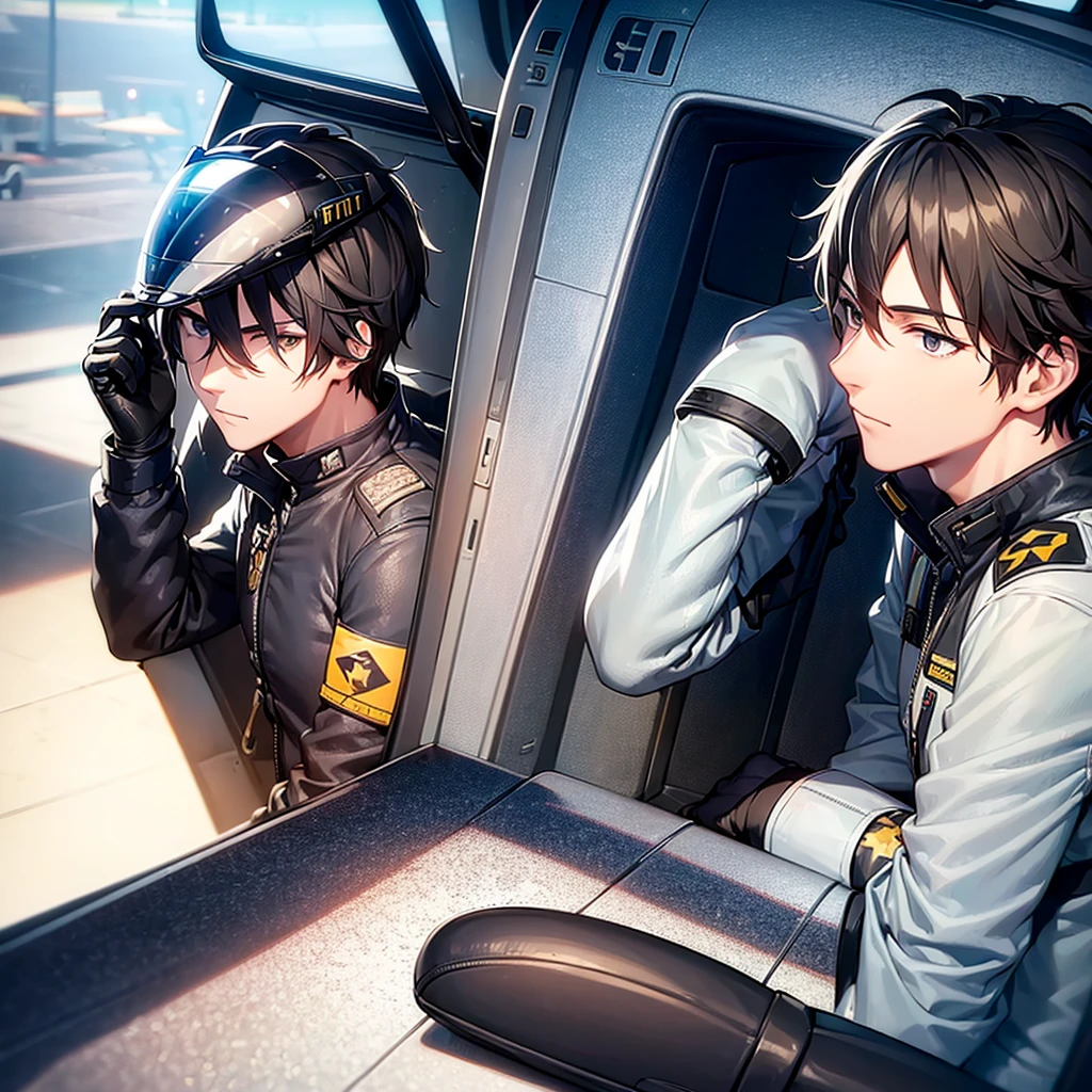 A ((male jet fighter pilot)) in his jet fighter pilot uniform with full pilot helmet ,pilot (((urinated))) on his jet