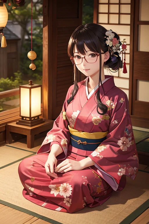 Highest quality、masterpiece、High sensitivity、High resolution、Detailed Description、Slender women、Glasses、Wind chimes on the veranda、In a yukata、Sitting with a fan in hand、