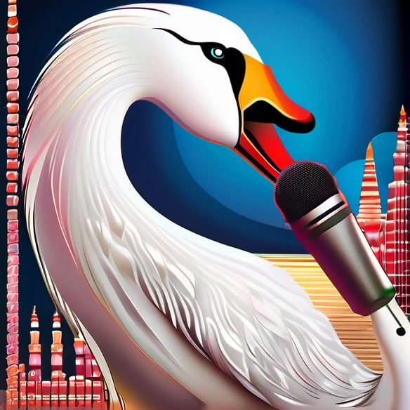 Imagine a white swan with blonde hair red lipstick in the shape of an animal in a luxurious room holding a microphone being the biggest diva in the world, an animal swan who is pursuing a singing career
