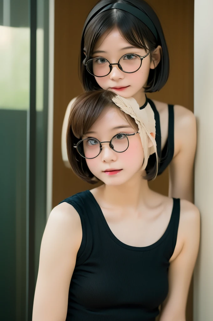 (masterpiece, Highest quality, It captures a very cute moment, Depth of written boundary, Super detailed, Ultra-high resolution, C4D, Octadale, 3D Modeling,Realistic human photos、 8K, 16K, One Girl,Middle school students, Small breasts,Black Hair,short hair,Straight Hair,Light brown eyes,White headband,Wearing black glasses,Cute face), Bloomers, Black tank top, zettai ryouiki, Wet clothes,Classroom Nights,Moonlight, Good elevator, Take off、Real-life skin、Not an anime、Realistic、Not an illustration