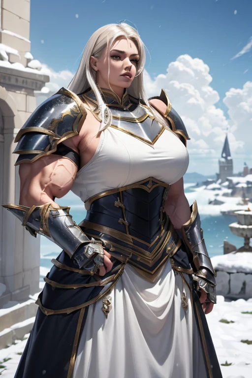 (((Massive beautiful, buff, light brown skinned muscular paladin woman with white hair, black lipstick, ginormous bulky muscles and wearing full gleaming white paladin knight armored with a long tiered skirt))), (close view), large breast, massive muscle, massive biceps, hyper muscle shoulders, hyper muscle triceps, (long straight hair), blue eyes, (knight boots), (metal armor), breastplate, gauntlets, (Shoulder armor), heroic look, (in a castle in heaven), snowfall, Vascular arms, hyper muscles arms, hyper muscle legs, massive buff arms.