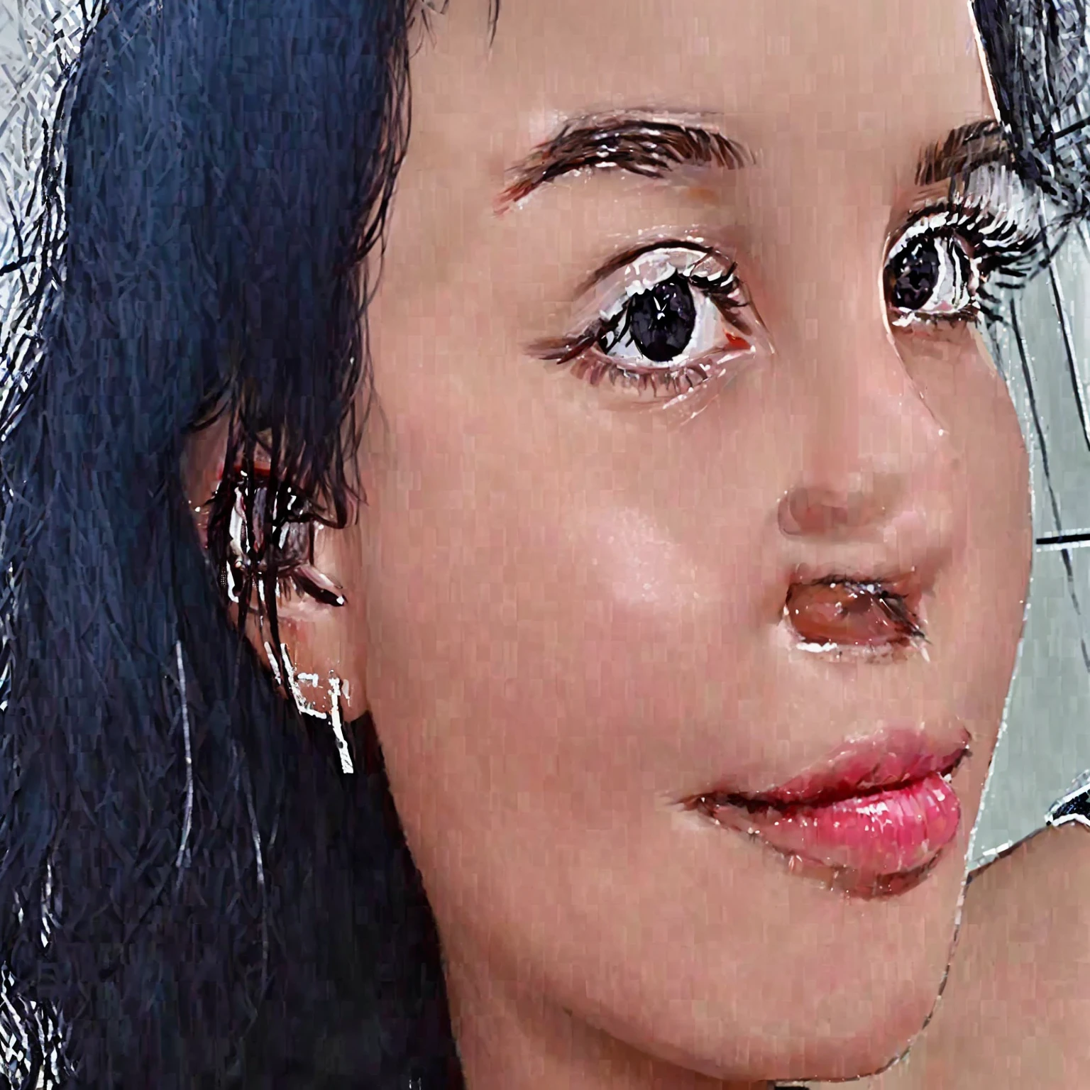 There is a woman with black hair and a white shirt, retrato sophie mudd,  19 years old, anastasia ovchinnikova, valentine shuffle, close up face, angelina stroganova, Catarina, close do rosto, Aleksandra Waliszewska, young woman face, face up close, young female face