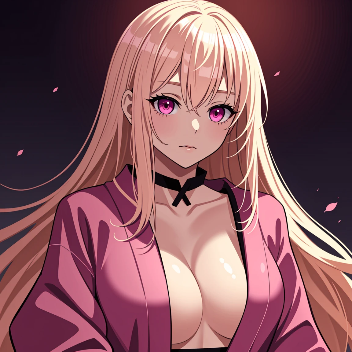 adult woman, pink eyes, long blonde hair, sexy short kimono, 18+