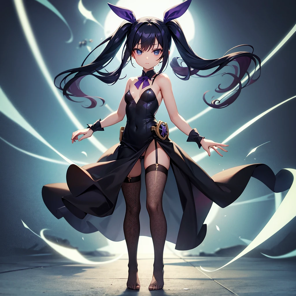 ((Bunny girl)),Dropped ears,(Fishnet tights),(barefoot),Cute little ,Tiny ,Small girl,,Childish face, Very fine clean face,Top quality,Black Hair,(Dark Room), Subtle light, Natural light,Soft lighting,Light from directly behind, (Are standing),With bust up,Front view,Black background