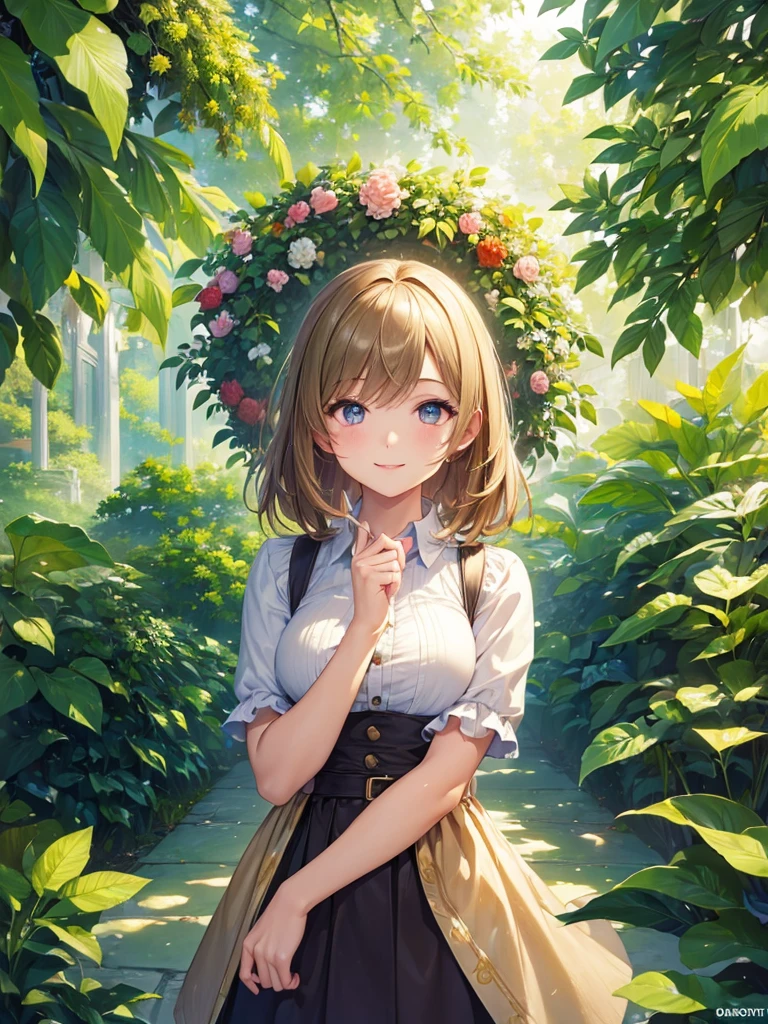 (masterpiece:1.5),(Beat quality),(high res),1girl solo,beautiful face,smile(shining eyes),upper body,light effects,Plainclothes woman,botanical garden