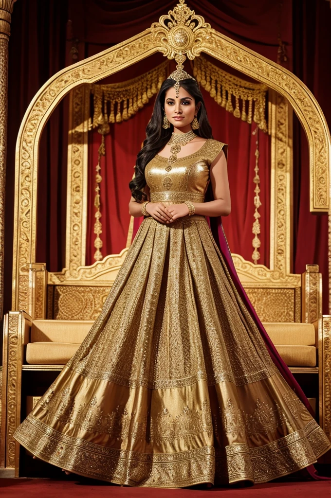 Powerful woman, royal, indian history, elegance, power, beauty, ruler, hd, high quality, good anatomy, long view, full dress, court, realistic, full heavy ornaments, gold or long heavy princess gown with sparkles, mughal empire, dhuppatta, 