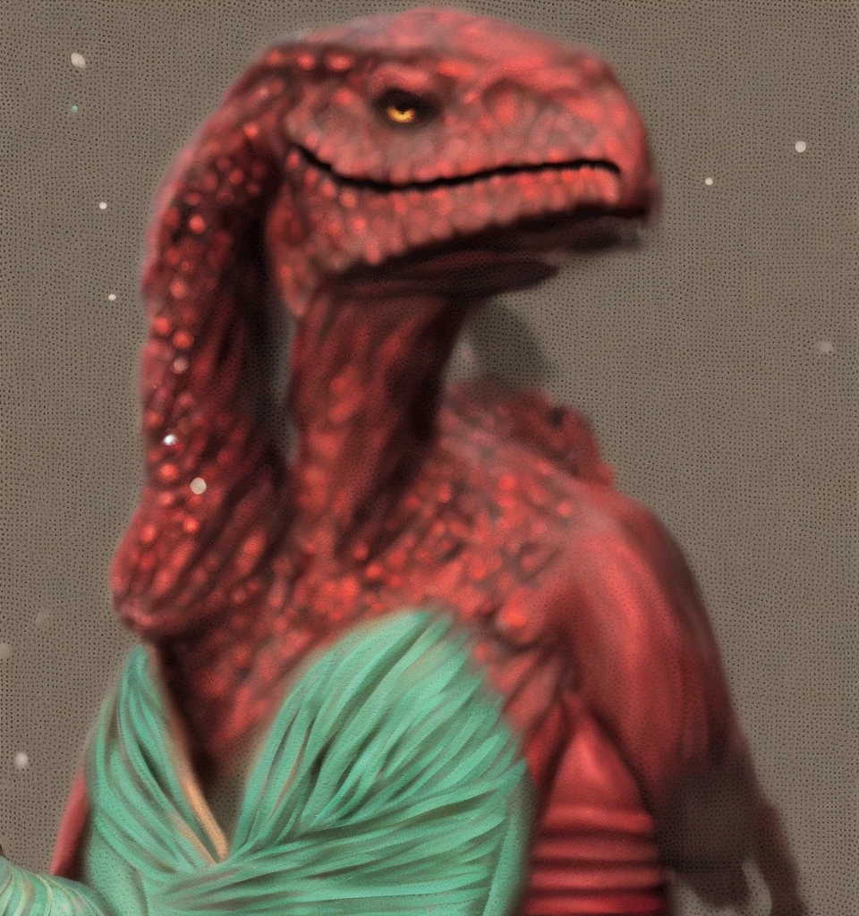 top half of elegantly dressed female dinosaur