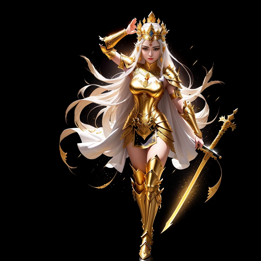 arafed woman in a thai costume holding a sword, sukhothai costume, gold armour and crown, wearing gold armor, black emma watson as egyptian, wearing golden armor, heavy white and golden armor, ancient libu princess, ornate white and gold armour, apsaras warrior, tai costume, intricate white and gold armor, portrait of modern darna