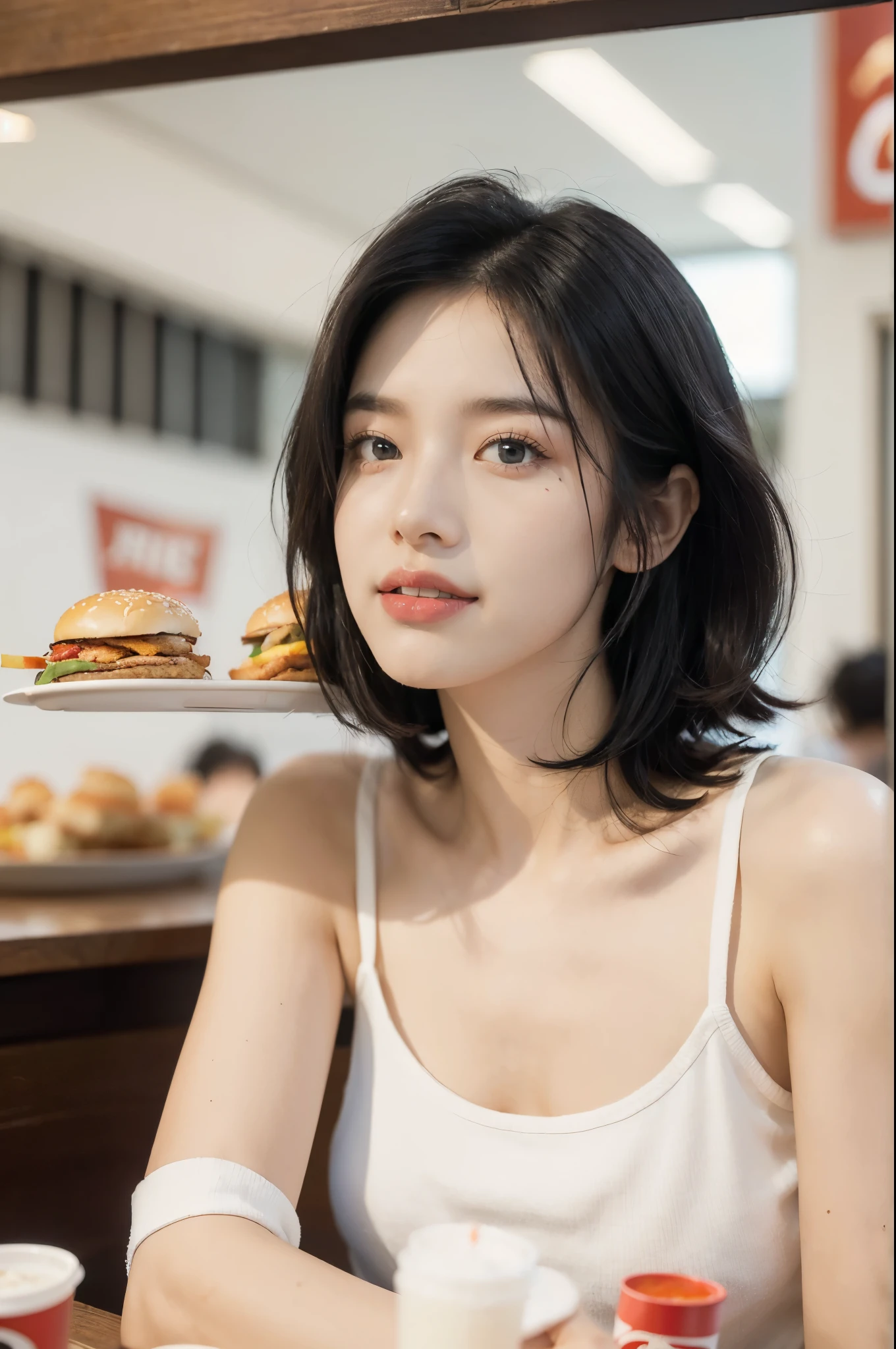 (((best quality))),(((ultra detailed))),(((masterpiece))),illustration,((1girl,solo)),(straight black bob hair:1.2),((slim,thin)),((small breasts,flat chest)),sitting,(in KFC:1.3), (burgers and drink on the table:1.2),((white strap tank top, white pants)), clean, fresh, bright face, sparkling eyes, rosy cheeks, beautiful smile, white teeth, neatly combed hair,sexiness,visible, natural, carefree,bustling restaurant, other customers, enjoying meals, chatting, bright lighting, warm atmosphere, joy, relaxation, cute appearance, carefree attitude, visually appealing, heartwarming,((upper body,from front))