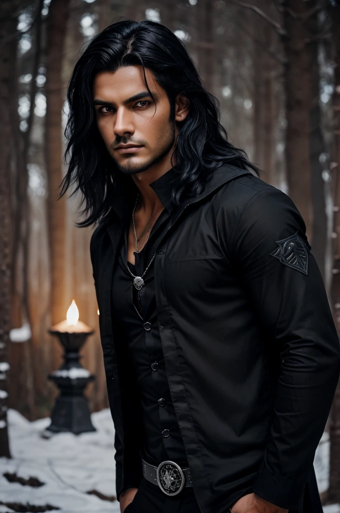 Handsome young man with wolf eye and jet black hair, dressed in dark attire, giving a wolf aura... His eyes gleam with a hint of mysterious and intensity,.. The wolf, a symbol of his wild and free spirt...