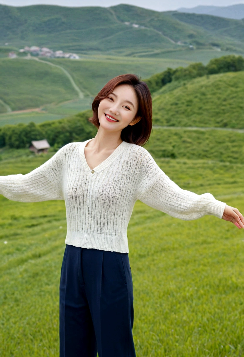 8k best picture quality, Beautiful 36-year-old Korean woman, I have good skin and clear and pretty eyes.. clear and nice weather. Chest size 34 inches, french country village, A cathedral can be seen on a hill in the distance.., The back background is realistic and vivid image quality, Short and medium hair blowing in the wind, Wearing high-end luxury knitwear. casual pants, Hold both hands in front and smile. the background is clear, Short and slim Korean woman, stand far away, Photo taken with a wide-angle lens, Cows graze on green pastures in the distance. Standing on a hill overlooking a country path. One elegant woman standing with her hands facing each other
