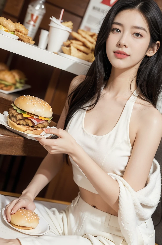 (((best quality))),(((ultra detailed))),(((masterpiece))),illustration,((1girl,solo)),(straight black bob hair:1.2),((slim,thin)),((small breasts,flat chest)),sitting,(in KFC:1.3), (burgers and drink on the table:1.2),((white strap tank top, white pants)), clean, fresh, bright face, sparkling eyes, rosy cheeks, beautiful smile, white teeth, neatly combed hair,sexiness,visible, natural, carefree,bustling restaurant, other customers, enjoying meals, chatting, bright lighting, warm atmosphere, joy, relaxation, cute appearance, carefree attitude, visually appealing, heartwarming,((upper body,from front))