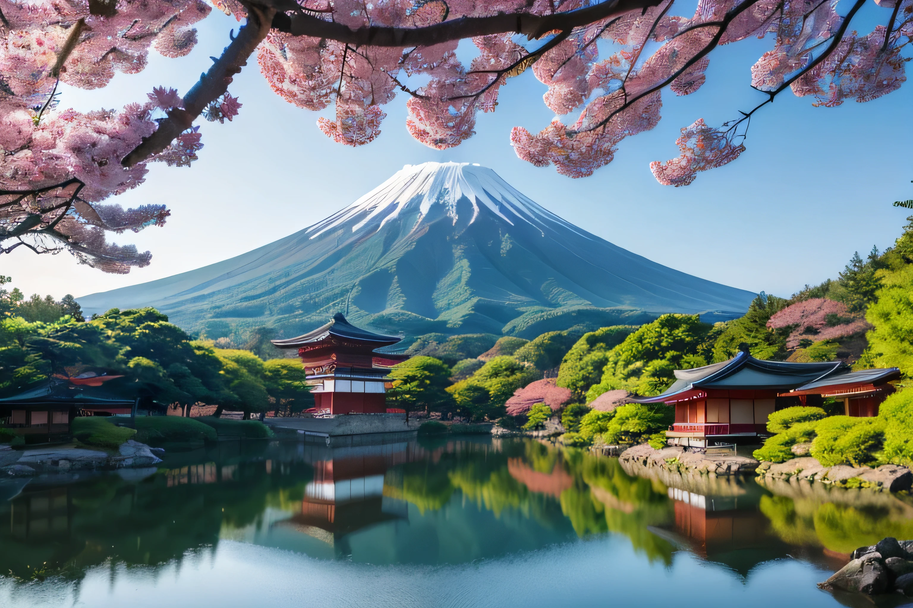 Arafed Tower with cherry blossoms and Fuji Mountain in the background, Paintings inspired by Chu Asai, shutterstock, ukiyo-e, Japan Deeper Journey Exploration, Japan Tourism, Japan Travel and Tourism, Fuji Mountain background, Fuji Mountain in the background, Fuji Mountain, Japanese cities, Japanese Landscape, Japanese Temples, Japan Travel and Adventure,8K