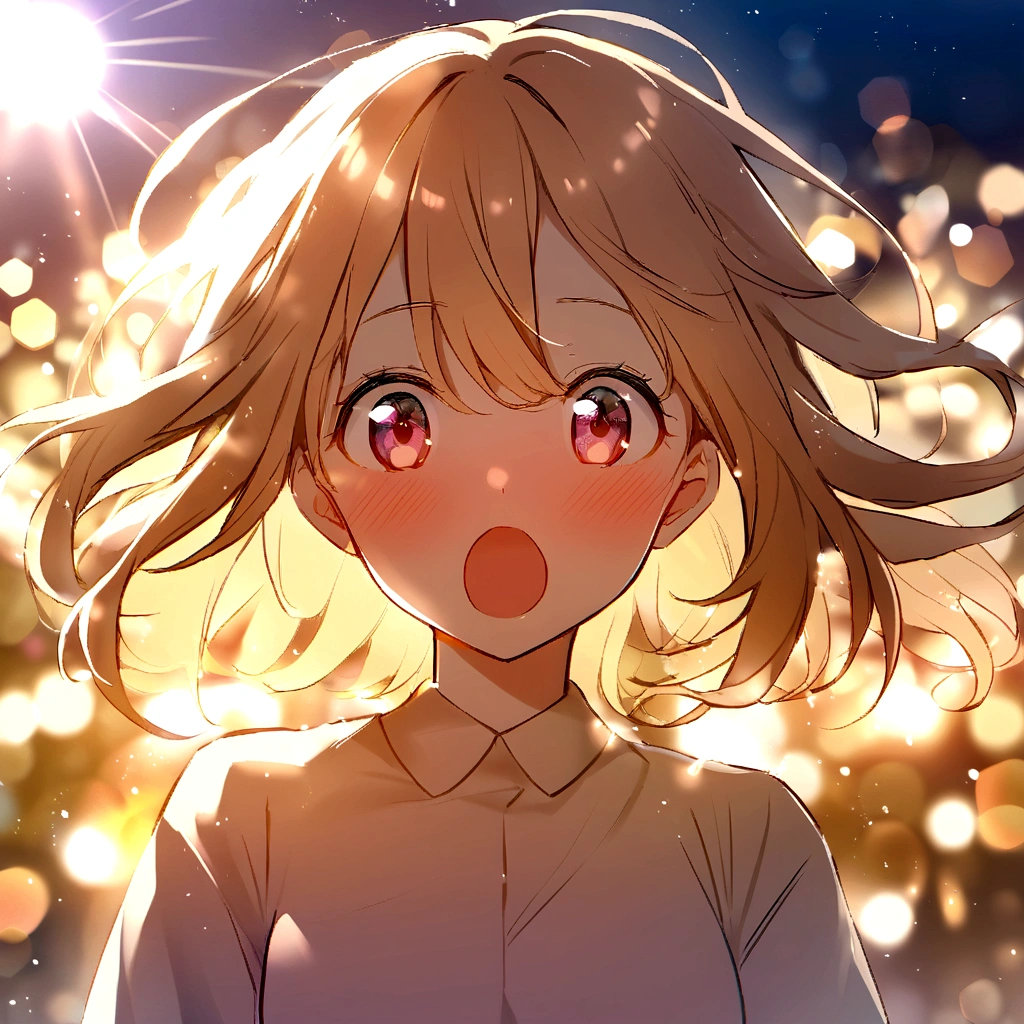 girl, Upper Body, (LOL:1.1), (Open your mouth:1.1), (Eyes Wide Open:1.2), Sun glare, Bokeh, Depth of written boundary, Blurred Background, Particles of light, Strong winds, (Heart Particles:1.1)
