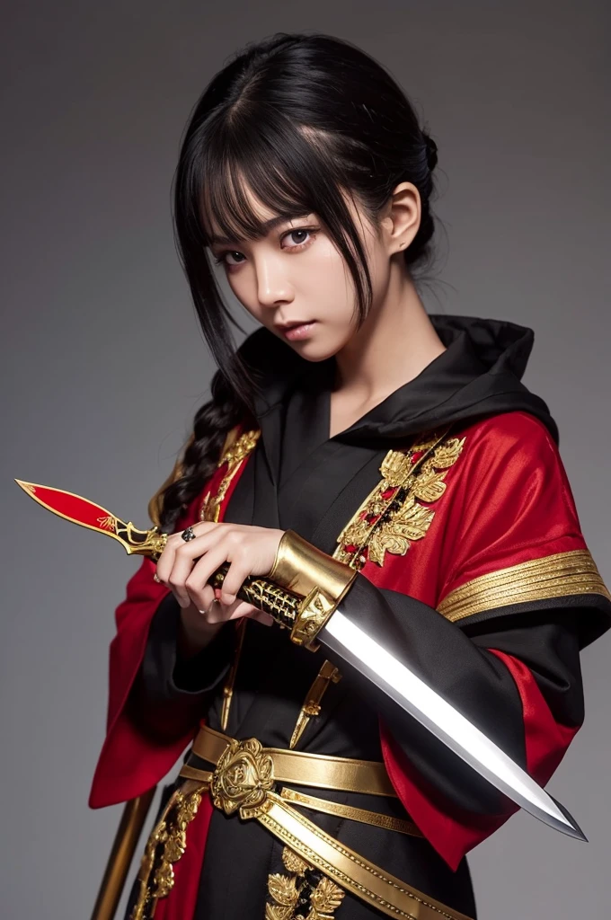The black sword is decorated with gold and red.、A streamlined blade specialized for slashing.