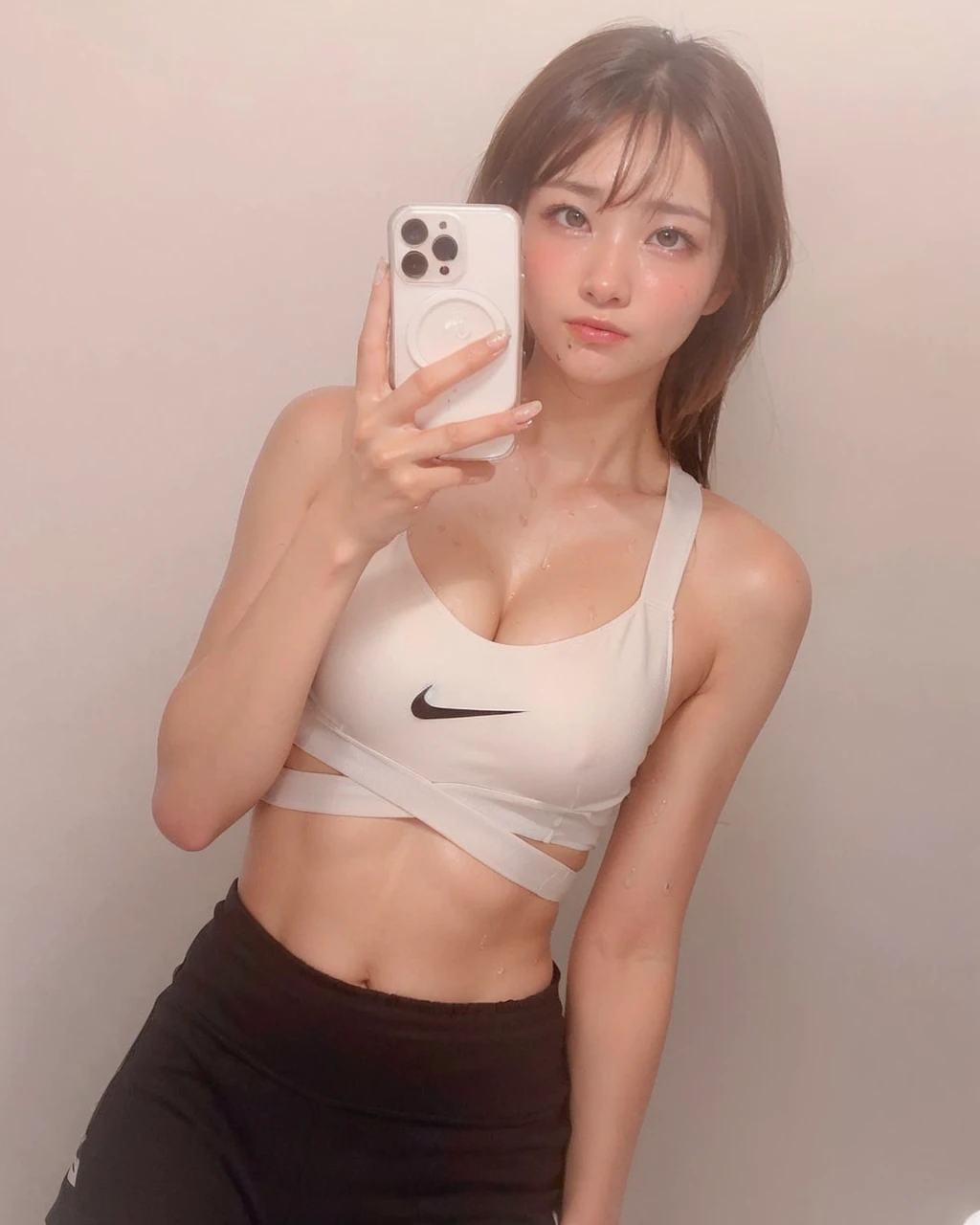 Realistic: 1.4, highest quality, 8k,Wet:1.3, ( 20-year-old, Cheerleader、Sportswear, Sweat: 1.2, Black-haired), Fine skin, (Cinema Lighting),  Soft Light, double eyelid, (alone、boyish、Mid-chest、Bust up shot、Wet:1.1)、Embarrassed look、Open your mouth