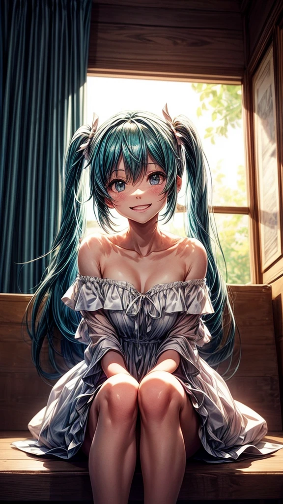 A Makoto Shinkai-esque setting with a mysterious natural backdrop。
While sitting。
Wearing a white dress。
Off-the-shoulder dress。
Smiling and looking upwards。
Hatsune Miku from the front。