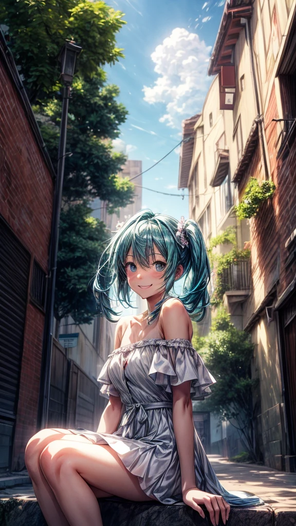 A Makoto Shinkai-esque setting with a mysterious natural backdrop。
While sitting。
Wearing a white dress。
Off-the-shoulder dress。
Smiling and looking upwards。
Hatsune Miku from the front。