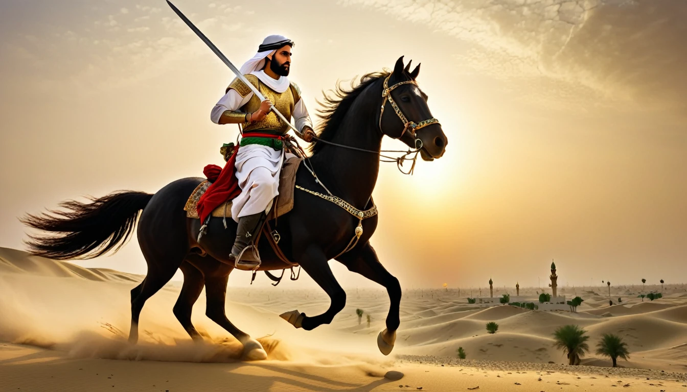 arabian warrior, riding on the horse, holding islamic "alam" left hand in holding "sword" in right hand in "karbala" barren land