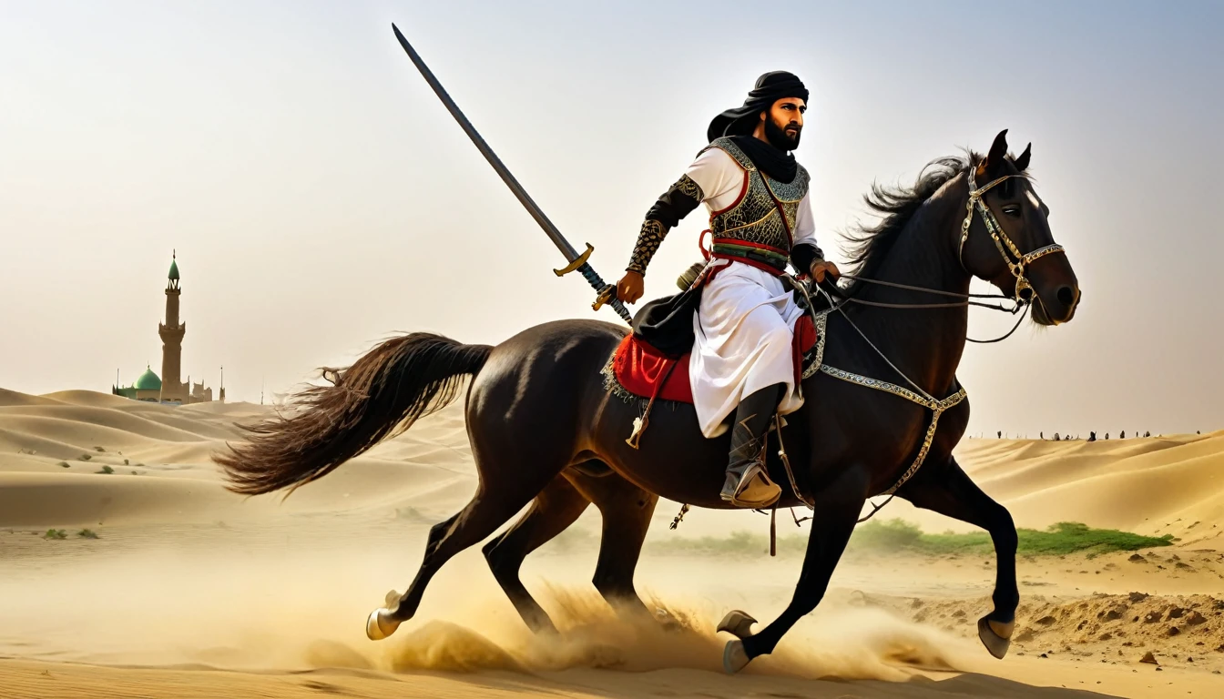 arabian warrior, riding on the horse, holding islamic "alam" left hand in holding "sword" in right hand in "karbala" barren land