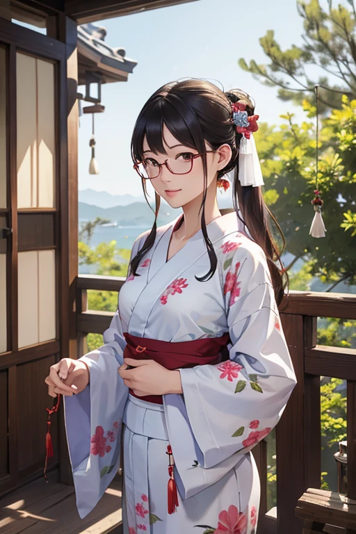 Highest quality、masterpiece、High sensitivity、High resolution、Detailed Description、Slender women、Glasses、Wind chimes on the veranda、In a yukata、With a fan in hand、