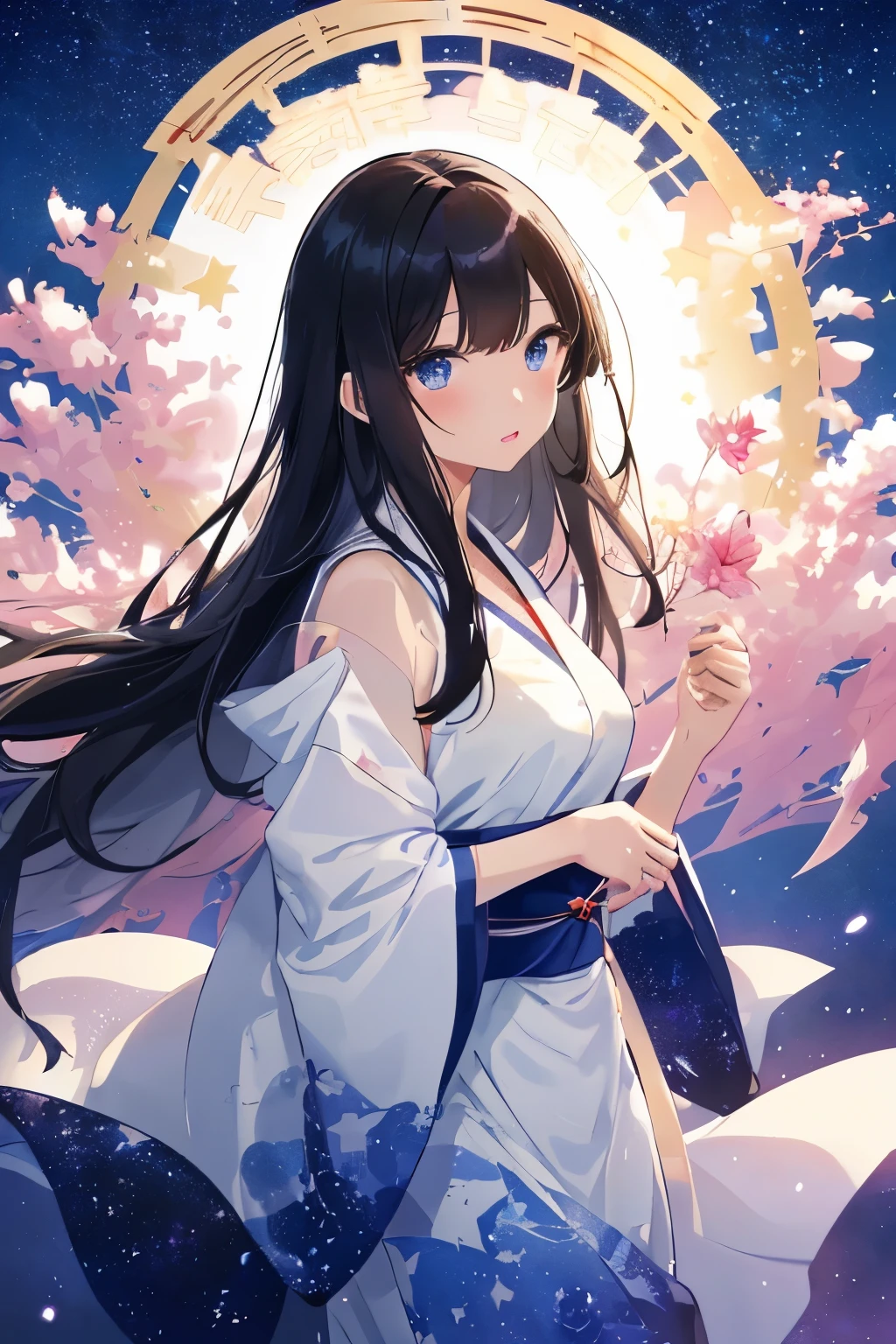 best quality, masterpiece, (独奏:1.2), (1 Female:1.2)、Age 25、Larger breasts、(Slender figure)、(Tanabata Orihime)、(White highlight in pupil:1.2)、Dark blue eyes、(Black-haired:1.2)、Straight bangs、(Long Hair)、(View your viewers:1.2)、White skin、(blush)、(Lively expressions)、(I blur the background a lot to make the woman stand out.:1.3)、(abstract style background:1.2)、(Wind-feeling background)、(Tanabata-like background:1.2)、(Night starry sky:1.3)