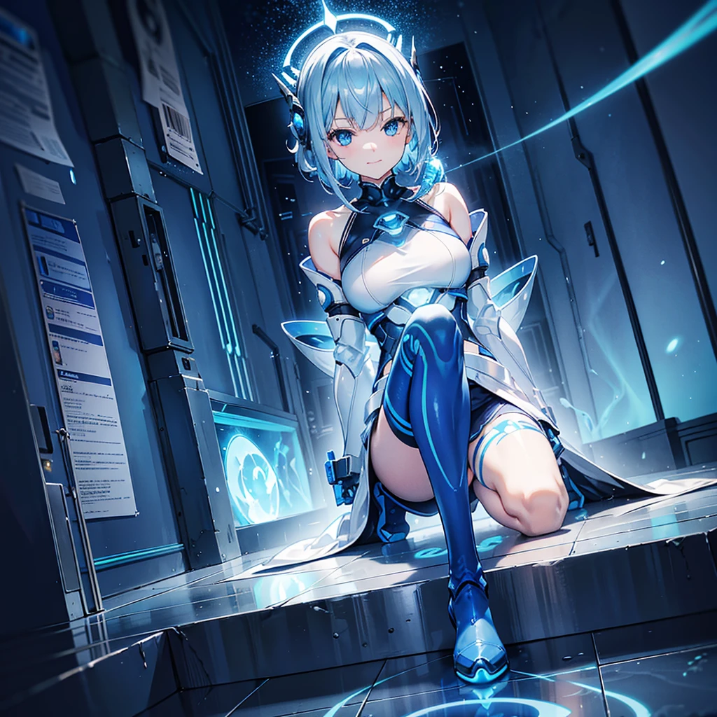 8K, Highest quality, (real:1.4), Original photo, 1 girl, Asari Hair, Biological Amplifier, Very sleek and futuristic armor, posture: Peace talks between warring factions,,attention arousal, smart blue eyes,A modest smile,Knee-high boots,Patent-look blue tights,Blue big moon and blue light swirl in the background,Blue light from behind,blue light magic,A small, glowing blue ball in the palm of your hand,Blue flame swirl,Blue Comet,Polished floor,