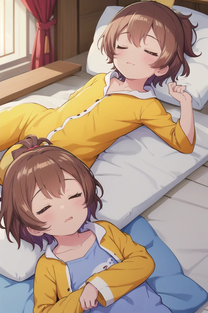 Highest quality,masterpiece,indoor,On the bed, 1girl,独奏,Lying on your back,Close ~ eyes,Close your mouth,Are sleeping,yellow pajamas,Brown Hair, short hair, ponytail,Flat Chest,1boy,penis,Touching the chest,kiss