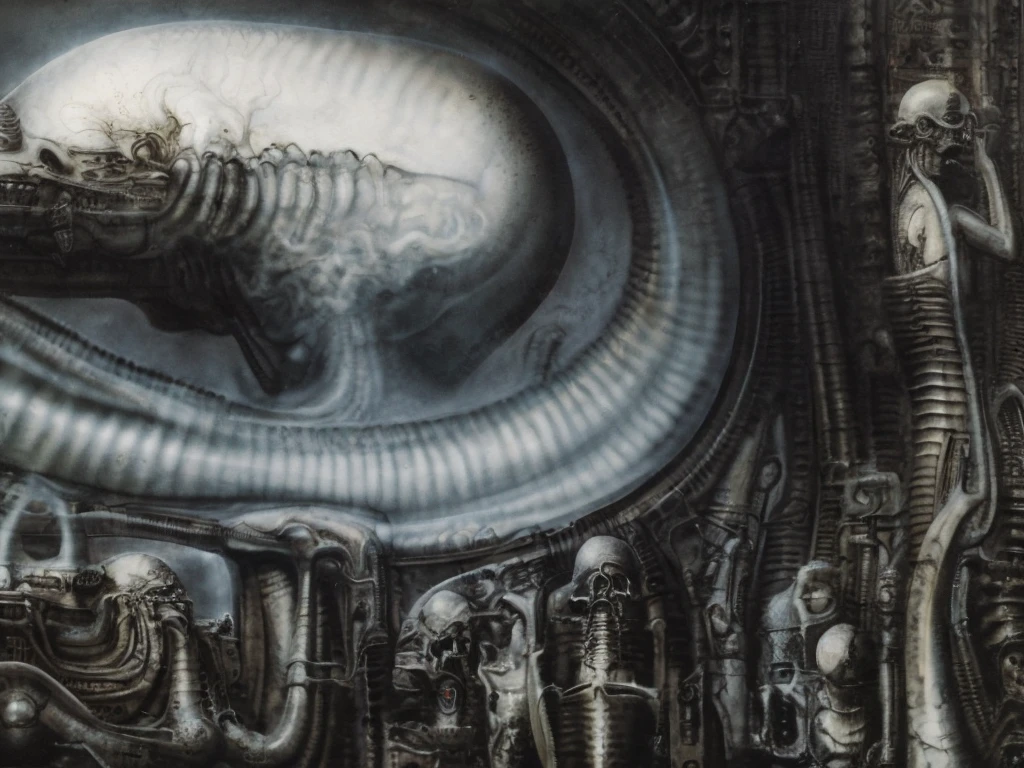 The image is a detailed view of H.R. Giger's biomechanical tableau \" Landscape XVI \" plate, featuring.
(airbrush painting, Giger's alien in front of broken alien ship in landscape, natural light, sharp focus, illustration, highly detailed, digital painting, concept art, matte, art by gric and kozhanov and moebius and Alphonse Mucha, masterpiece, HDR ,UHD , uplight, in HRGigerArhP style);1.
surrealistic painting of a monster with multiple tentacles and a body that looks like a brain, surrounded by a chaotic scene of swirling clouds and other monsters
It's a complex network of bones and organs in eldritch color scheme:a greenish-brown hue ,swirling gery and brown colors. The artwork is silverish and green brown, with an ivory bones prominently displayed. The image is highly detailed and intricate, almost like a 3d version of a medical sketchwork.
The piece is a tableau, most likely created with a India ink pen or pencil on paper, determined by the thin lines, shading techniques, and the texture of the paper, which is visible around the edges.
Used is pen, given the shading and variations in line weight visible in the image. Artist have used a variety of stylus with different degrees of hardness to achieve the shading effects.
The use of undersaturated green-grays dark contrasts creates a stark and graphic look. Is used a variety of linework techniques to create different textures. Fine, parallel lines create a smooth, metallic texture,while thicker, more cursive lines suggest cables or wires.
Light source from the top highlights skeletals, pper part of foreground, lower part of image is in shadowupper part of foreground, lower part of image is in shadow.
The art performance showcases the artist’s skills in observation and rendering. The level of detail in the piece suggests a close study of real bone specimens and mechanics. The artist has skillfully used shading techniques to create a convincing illusion of three-dimensionality on a flat surface. The wrinkles
