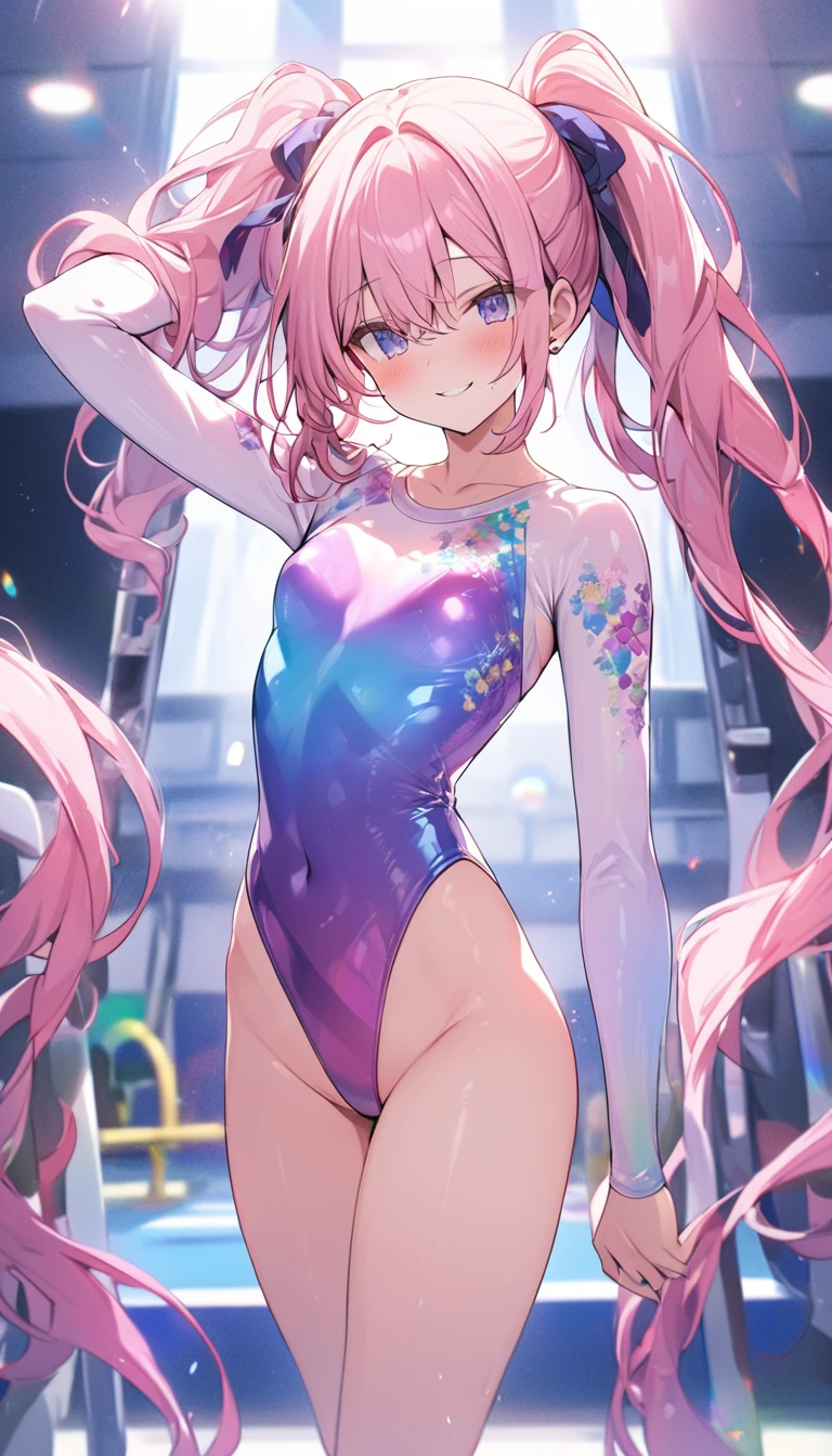 highquality illustration, masterpiece, very delicate and beautiful, attractive girl,(gymnastics leotard, Floral patterns leotard,long sleeve leotard with glittery decoration,high_leg leotard,athletic leotard,tight-fit leotard,iridescent gradient leotard,long-sleeve leotard),thin,slender body,slim,high school,gymnasium background,gymnastics club,gymnastics athlete,princess, beautiful eyes,light smile,(masterpiece, best quality:1.2), highres, extremely detailed CG unity 8k wallpaper, perfect lighting, Colourful, ultra-high res,4K,ultra-detailed, photography, 8K, HDR, 17 ages, full body,