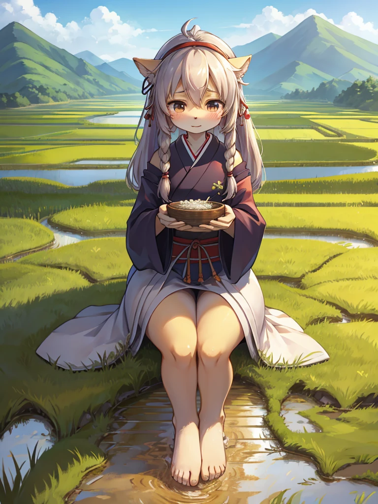 Fertility Goddess , Disheveled Japanese simple clothes , Original Japanese Landscape , Rice Field , Planting rice , Kuchikami sake