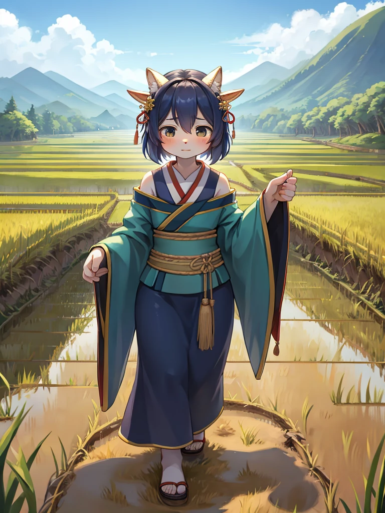 Fertility Goddess , Disheveled Japanese simple clothes , Original Japanese Landscape , Rice Field , Planting rice