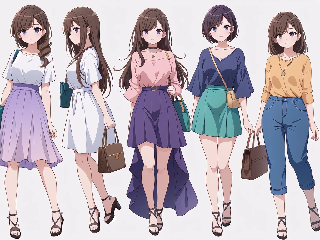 (((Best Quality))) , ((full body)), 4 lady, adult woman, multiple views, (((white background,))) variety of hairstyles, variety of fashion styles, seductive pose, fashionable and trendy atmosphere, holding bag, summer outfits, walk pose, dark blue/dark orange/dark green/dark violet/brown/white, short pants,