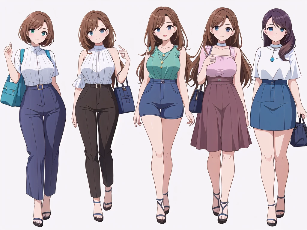 (((Best Quality))) , ((full body)), 4 lady, adult woman, multiple views, (((white background,))) variety of hairstyles, variety of fashion styles, seductive pose, fashionable and trendy atmosphere, holding bag, summer outfits, walk pose, dark blue/dark orange/dark green/dark violet/brown/white, short pants,