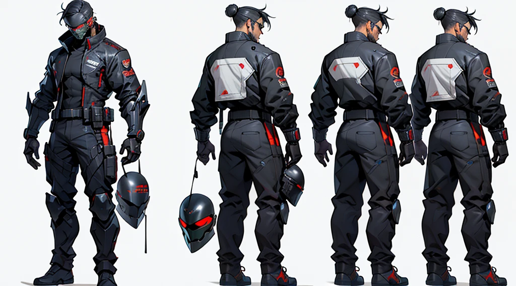 Character design sheet、male、Black combat uniform、Body Armor、Powered Suit、Full Face Helmets、cyber punk