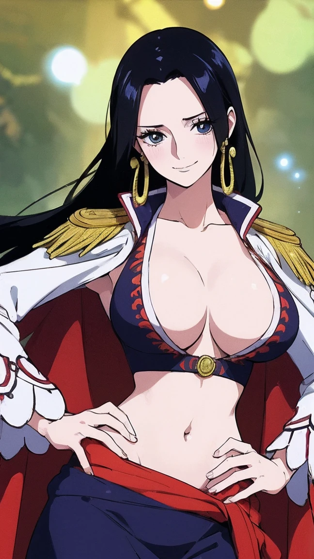 (masterpiece, best quality:1.2), cowboy shot, solo, 1girl, boa hancock, smile, looking at viewer, hand on hip, cape, epaulettes, cleavage, jewelry, earrings, midriff,NSFW,official art,extremely detailed CG unity 8k wallpaper, perfect lighting, (masterpiece:1.0),(best_quality:1.0), ultra high res,4K,ultra-detailed, photography, 8K, HDR, highres, absurdres:1.2, Kodak portra 400, film grain, blurry background, bokeh:1.2, lens flare, (vibrant_color:1.2),(beautiful_face:1.5),(narrow_waist),(perfect hands, perfect anatomy), big breasts