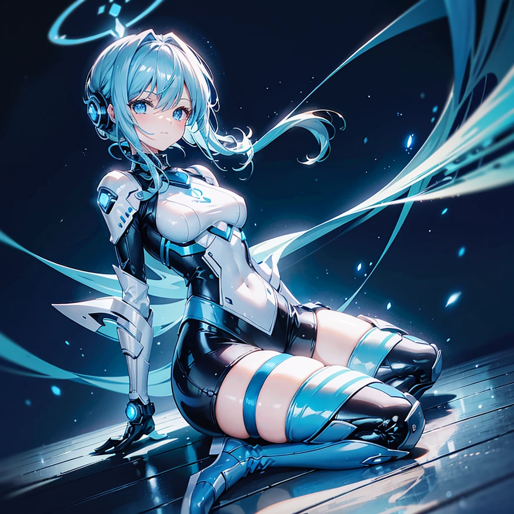 8K, Highest quality, (real:1.4), Original photo, 1 girl, Asari Hair, Biological Amplifier, Very sleek and futuristic armor, posture: Peace talks between warring factions,,attention arousal, smart blue eyes,A modest smile,Knee-high boots,Patent-look blue tights,Blue big moon and blue light swirl in the background,Blue light from behind,blue light magic,A small, glowing blue ball in the palm of your hand,Blue flame swirl,Blue Comet,Polished floor,
