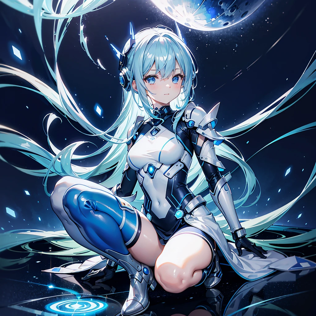 8K, Highest quality, (real:1.4), Original photo, 1 girl, Asari Hair, Biological Amplifier, Very sleek and futuristic armor, posture: Peace talks between warring factions,,attention arousal, smart blue eyes,A modest smile,Knee-high boots,Patent-look blue tights,Blue big moon and blue light swirl in the background,Blue light from behind,blue light magic,A small, glowing blue ball in the palm of your hand,Blue flame swirl,Blue Comet,Polished floor,