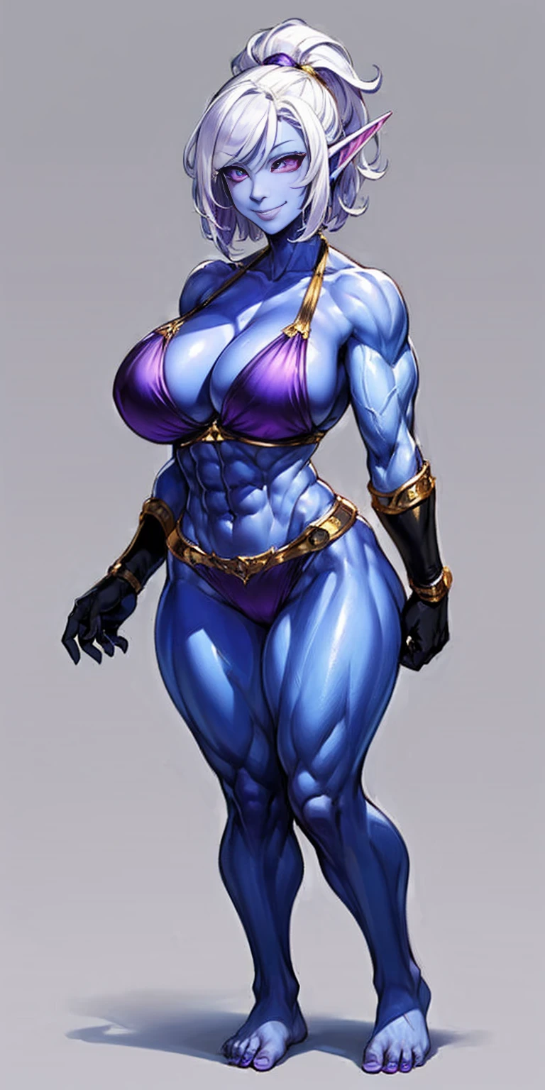 ((plain background:1.2, 1sologirl)) full body standing barefoot hands on waist navel, very purple skin, drow, elf, Madura, Detailed happy face, purple eyes, white hair bob style, gold bikini, well defined six pack abs, Large knockers, golden gloves