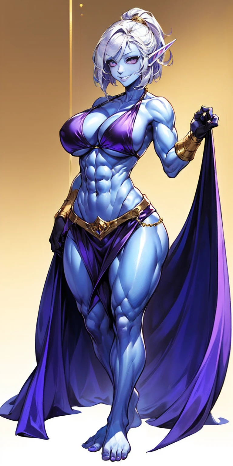 ((plain background:1.2, 1sologirl)) full body standing barefoot hands on waist navel, very purple skin, drow, elf, Madura, Detailed happy face, purple eyes, white hair bob style, gold bikini, well defined six pack abs, Large knockers, golden gloves