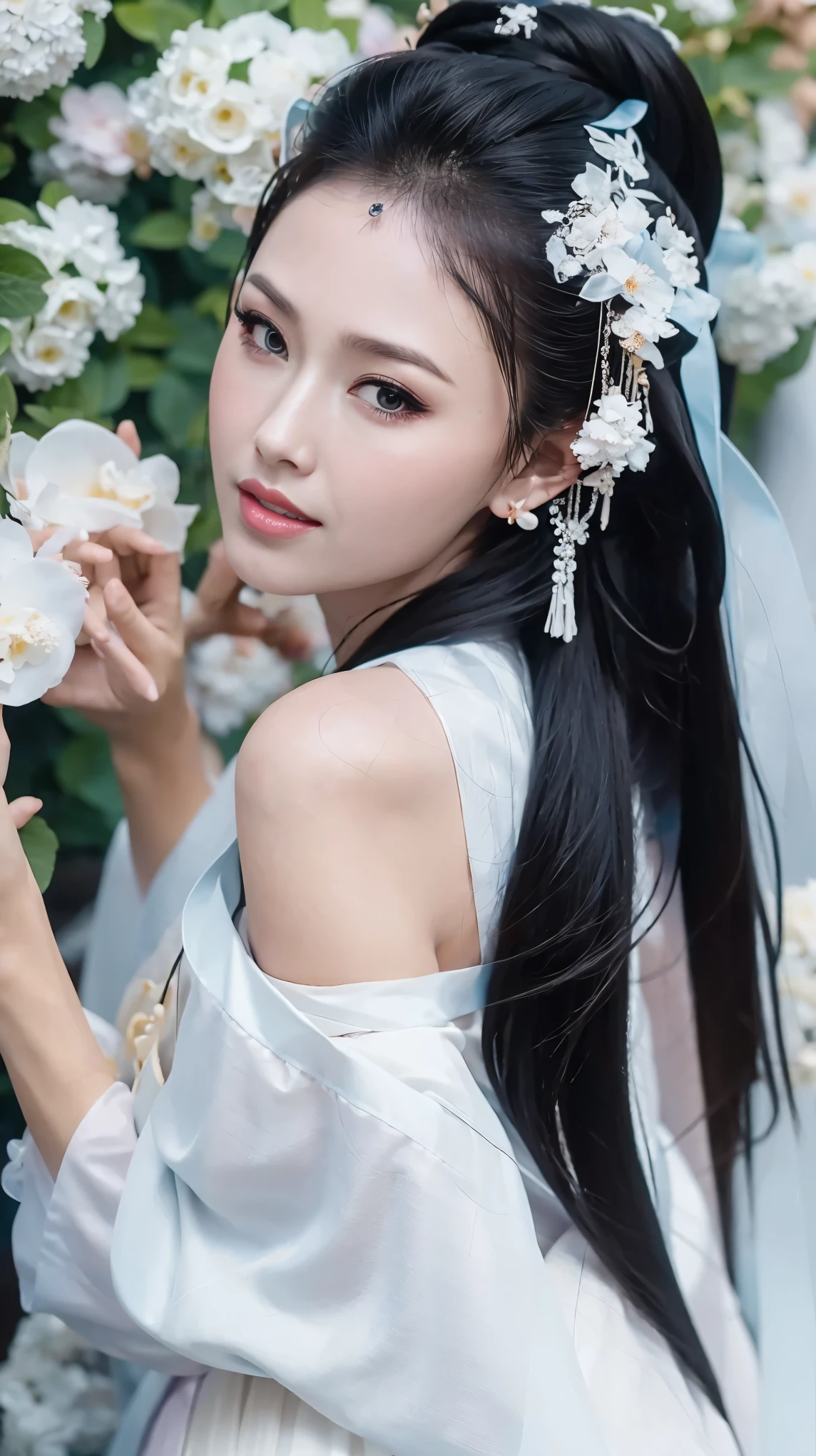 1 fashion model 18 years old [[[[close up]]]], [[[[neck]]]], [[[[Shoulder]]]], (((Complete head)))，(((Complete hairstyle)))，Perfect eyes, Perfect Iris，Perfect lips，Perfect Teeth，Perfect skin，White skin，Soft headlight，High-density imaging，Black long hair，（Clean and delicate face），((White Hanfu))，((Half-length photo))，((night))，((Chinese Lanterns))，((Various dynamic poses))，((The background is the bedroom))，best quality，masterpiece，（Soft colors：1.2）
