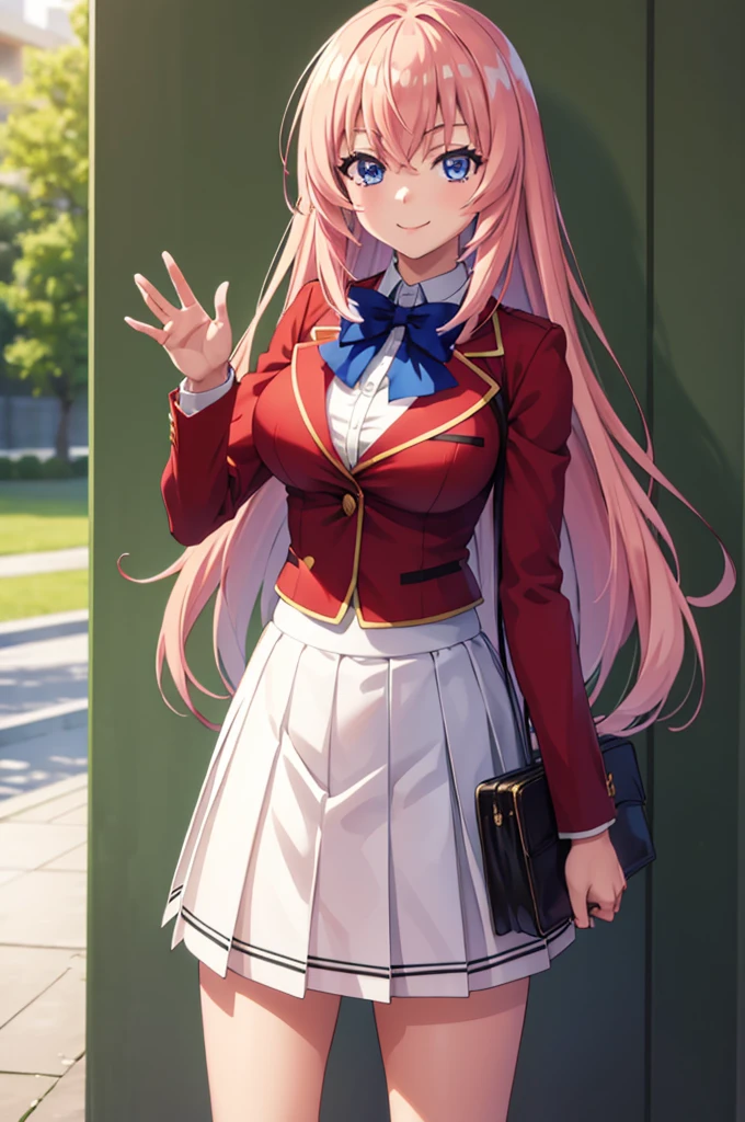 (masterpiece:1.3), (best quality:1.1), (8k, ultra detailed, ultra high res:1.2), ((anime style)), perfect 5 fingers, perfect anatomy, 
1girl,
Ichinose honami \(youjitsu\),
long hair, 
pink hair, 
blue eyes, round eyes, tareme, 
blue bow, 
large breasts, 
red jacket, long sleeves, white skirt, pleated skirt, black calf socks, 
looking at viewer, 
cowboy shot, (waving:1.1),
(smile:1.1), 
BREAK standing, perfect light, (detailed background:1.1), outside, outdoors, public,  