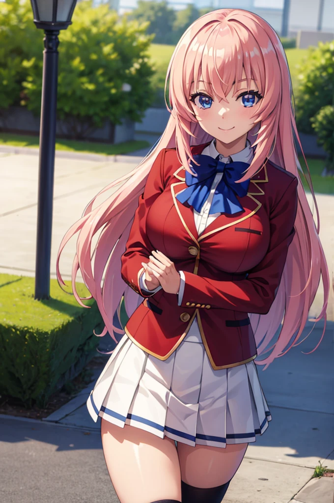 (masterpiece:1.3), (best quality:1.1), (8k, ultra detailed, ultra high res:1.2), ((anime style)), perfect 5 fingers, perfect anatomy,
1girl,
Ichinose honami \(youjitsu\),
long hair,
pink hair,
blue eyes, round eyes, tareme,
blue bow,
large breasts,
red jacket, long sleeves, white skirt, pleated skirt, black calf socks,
looking at viewer,
cowboy shot, (waving:1.1),
(smile:1.1),
BREAK standing, perfect light, (detailed background:1.1), outside, outdoors, public,