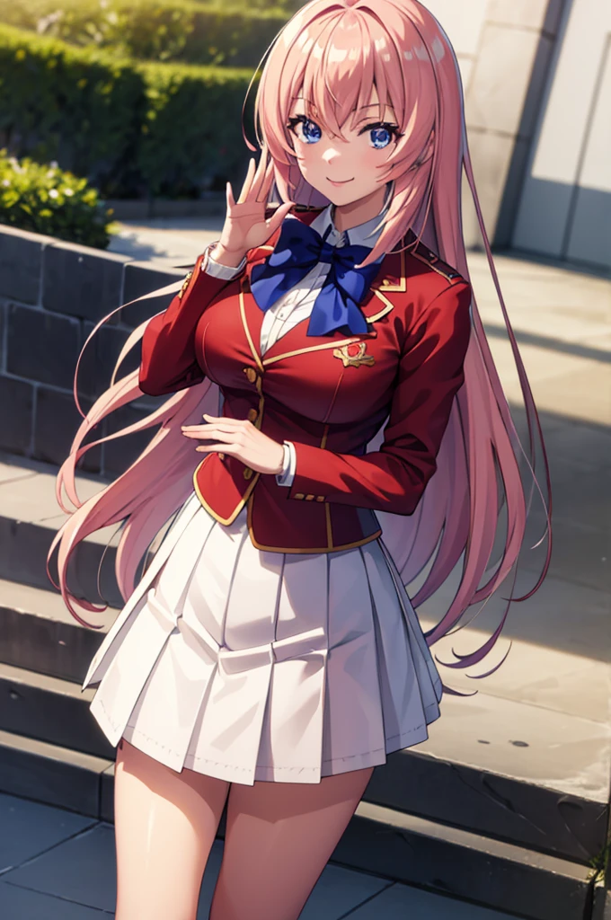 (masterpiece:1.3), (best quality:1.1), (8k, ultra detailed, ultra high res:1.2), ((anime style)), perfect 5 fingers, perfect anatomy,
1girl,
Ichinose honami \(youjitsu\),
long hair,
pink hair,
blue eyes, round eyes, tareme,
blue bow,
large breasts,
red jacket, long sleeves, white skirt, pleated skirt, black calf socks,
looking at viewer,
cowboy shot, (waving:1.1),
(smile:1.1),
BREAK standing, perfect light, (detailed background:1.1), outside, outdoors, public,