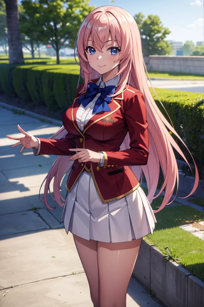 (masterpiece:1.3), (best quality:1.1), (8k, ultra detailed, ultra high res:1.2), ((anime style)), perfect 5 fingers, perfect anatomy, 
1girl,
Ichinose honami \(youjitsu\),
long hair, 
pink hair, 
blue eyes, round eyes, tareme, 
blue bow, 
large breasts, 
red jacket, long sleeves, white skirt, pleated skirt, black calf socks, 
looking at viewer, 
cowboy shot, (waving:1.1),
(smile:1.1), 
BREAK standing, perfect light, (detailed background:1.1), outside, outdoors, public,  