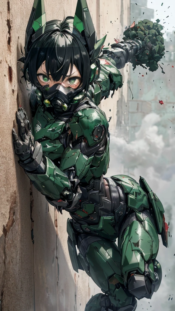 , Advanced Details, high quality, 最high quality, High resolution, 1080P 、Bleeding from the wound、Sexy Eyes、Wearing green and black、cute((The whole body is sweating))(Equipped with a damaged battle suit....)(Dark green armor)(Broken Armor)Black Hair、Chiquita、short hair、Open your mouth、Painful expression、It hurts again、Healthy Skin、20-year-old female　defeat　(Steam coming out of the face) ((Steam from the body)) 　Unable to fight　Severe attacks　((I was thrown against the wall、Headgear broke.　)) Flying debris　bare hands　Armor Stripping　gas mask explodes　centering