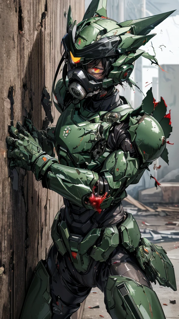 , Advanced Details, high quality, 最high quality, High resolution, 1080P 、Bleeding from the wound、Sexy Eyes、Wearing green and black、cute((The whole body is sweating))(Equipped with a damaged battle suit....)(Dark green armor)(Broken Armor)Black Hair、Chiquita、short hair、Open your mouth、Painful expression、It hurts again、Healthy Skin、20-year-old female defeat (Steam coming out of the face) ((Steam from the body)) Unable to fight Severe attacks ((I was thrown against the wall、Headgear broke. )) Flying debris bare hands Armor Stripping gas mask explodes centering