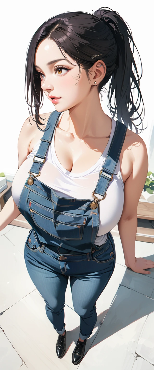 40 years old,1 mature woman,hyperrealistic, 8k, (extremely detailed 8k), (very delicate and beautiful), (masterpiece), (better quality:1.0), (ultra high resolution:1.0), (masterpiece, best quality),cute,black hair,big breasts,ponytail,POV,overalls,full body,white background,