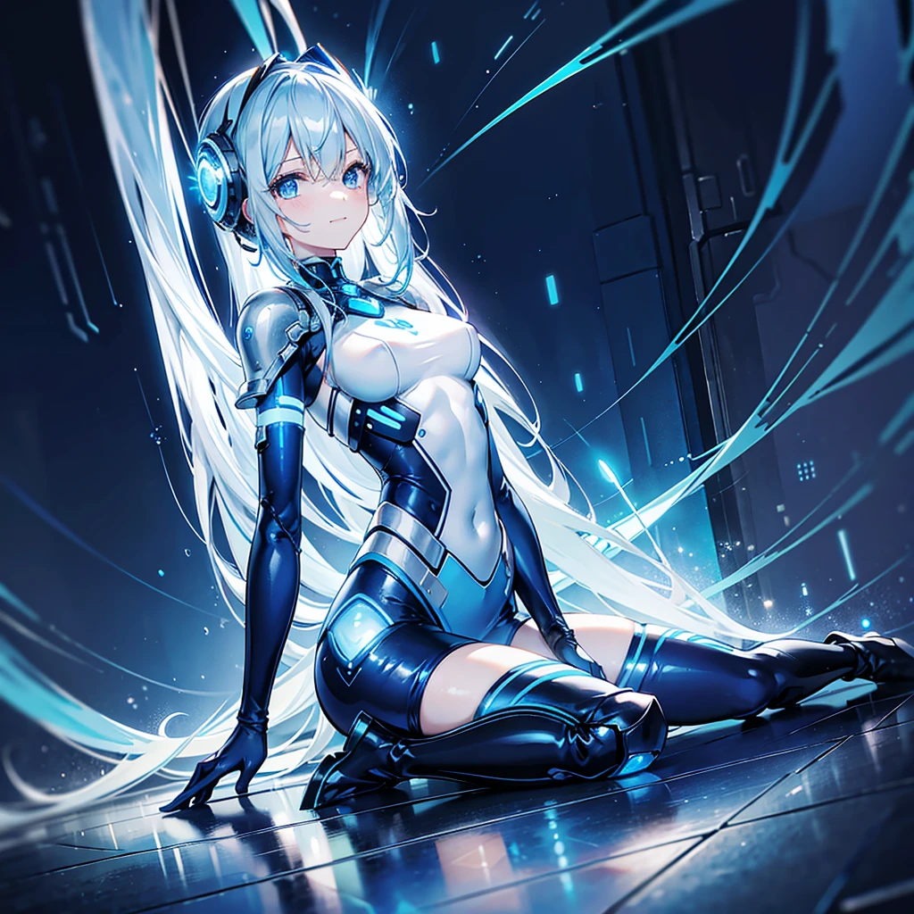 8K, Highest quality, (real:1.4), Original photo, 1 girl, Asari Hair, Biological Amplifier, Very sleek and futuristic armor, posture: Peace talks between warring factions,,attention arousal, smart blue eyes,A modest smile,Knee-high boots,Patent-look blue tights,Blue big moon and blue light swirl in the background,Blue light from behind,blue light magic,A small, glowing blue ball in the palm of your hand,Blue flame swirl,Blue Comet,Polished floor,