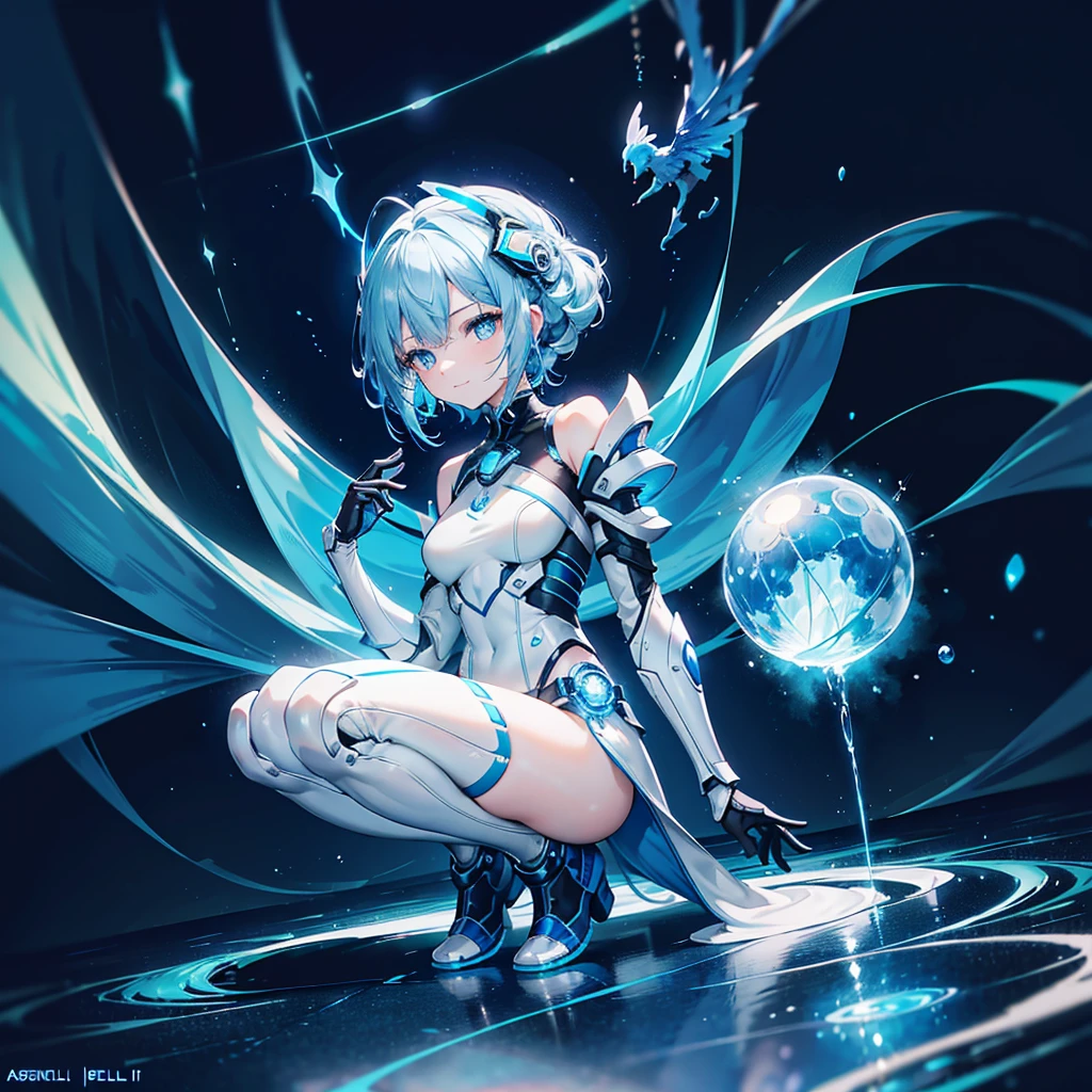 8K, Highest quality, (real:1.4), Original photo, 1 girl, Asari Hair, Biological Amplifier, Very sleek and futuristic armor, posture: Peace talks between warring factions,,attention arousal, smart blue eyes,A modest smile,Knee-high boots,Patent-look blue tights,Blue big moon and blue light swirl in the background,Blue light from behind,blue light magic,A small, glowing blue ball in the palm of your hand,Blue flame swirl,Blue Comet,Polished floor,